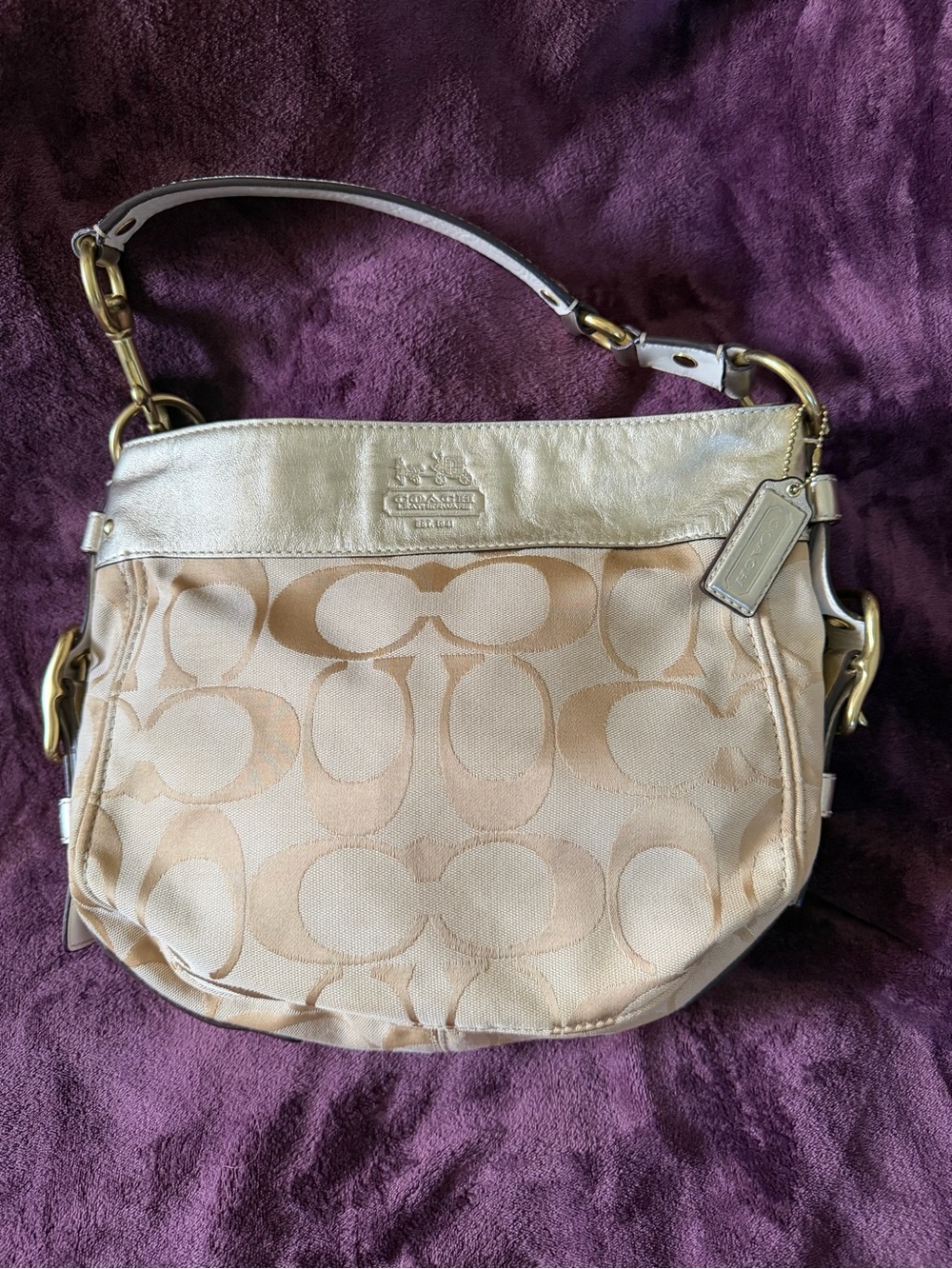 Coach Neutral Signature Canvas Shoulder Bag with Metallic Trim